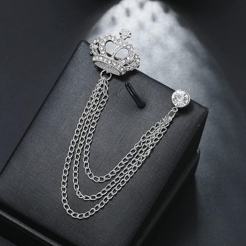 Rhinestone Crown Long Chain Brooch.Gold Silver Tassel Brooch Pin,Retro Crystal Suit Pins Collar Coat Pin for Men's Accessories Pin Husband Gifts...