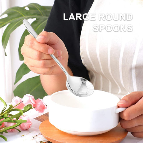 4-Piece Round Stainless Steel Bouillon Spoons Soup Spoons, Stainless Steel Large Round Spoons, Heavy-Weight Round Deep Bowl Spoon Set, Dinner Meta...