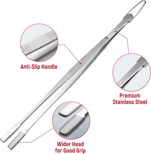 12-Inch Tweezers Tongs, Food Grade Stainless Steel Kitchen Tweezers for Cooking, Roasting, Grabbing Small Objects, Dessert, BBQ...