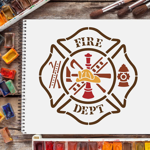 FINGERINSPIRE Fire Department Painting Stencil 11.8x11.8 inch Maltese Cross Stencil with Fire Hydrant Ladder Pattern Reusable Plastic Painting Ste...