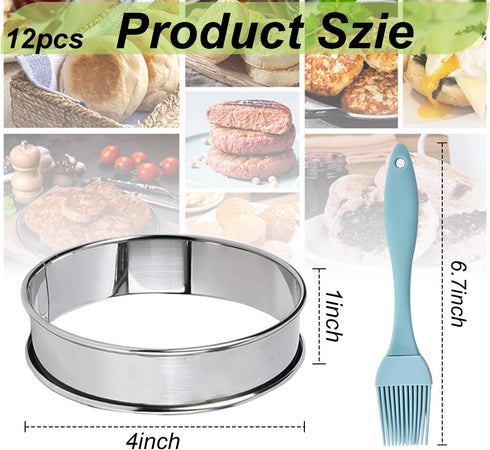 12 Pack 4 Inch Metal English Muffin Rings Double Rolled Nonstick Pastry Ring Mold Stainless Steel Muffin Tart Rings Round Muffin Crumpet Rings wit...