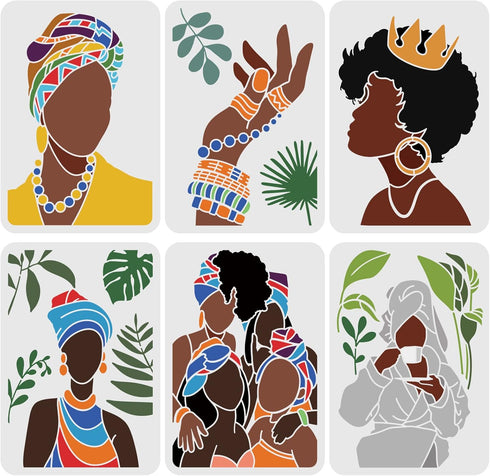 FINGERINSPIRE 6PCS African Tribal Women Stencils 11.7x8.3 inch Plastic Tropical Plant Craft Stencil Large African Girl Stencil Templates with Ring...