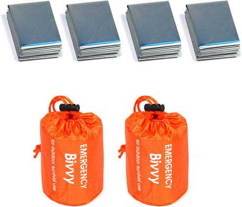 2 Pack Emergency Sleeping Bags Survival Bivvy Sack + 4 Pack Thermal Emergency Blankets Lightweight Portable Survival Gear for Outdoor...