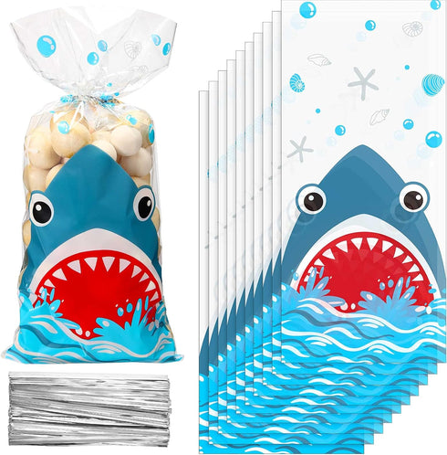 100 Pieces Shark Party Bags, 12.5 x 27.5 cm/ 4.9 x 10.8 Inch Shark Plastic Candy Bags Sea Birthday Goodie Favor with 100 Silver Twist Ties for Sum...