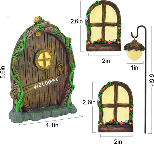 Resin Fairy Door & Window Set with Glow in The Dark Windows, Miniature Sculpture for Trees, Outdoor Decor Accessories...
