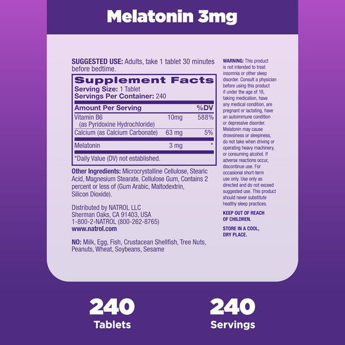 Natrol 3mg Melatonin Sleep Aid Tablets, Fall Asleep Faster, Stay Asleep Longer, 99% Pure Melatonin, Dietary Supplement, 240 Count...