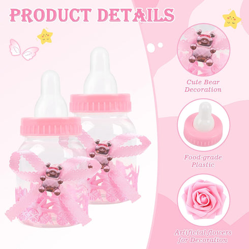 MACTING 2 Dozens 3.5 Inch Feeding Bottle Candy Box with 5 Pcs Artificial Flower Rose for Baby Shower Favor Gift Decoration (Pink)...