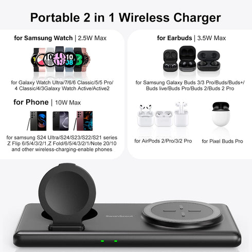 Wireless Charger for Samsung Galaxy Watch Ultra/7/Fold 6/Flip 6/S24 Ultra/24/23/22, 2 in 1 Charging Station for Samsung Watch 6/6 Classic/5/5 Pro/...