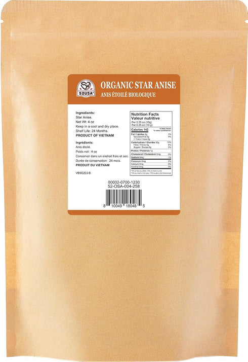 52USA Organic Star Anise, 4 Ounce (Pack of 1), NON-GMO Verified Chinese Star Anises Whole, Dried Star Anise Pods for Tea and baking...