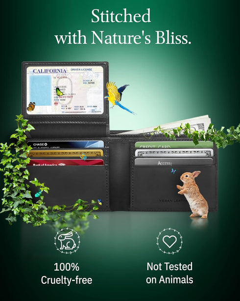 Vegan Leather Bifold Wallets For Men - Cruelty Free Non Leather Mens Wallet With ID Window RFID Gifts For Him...