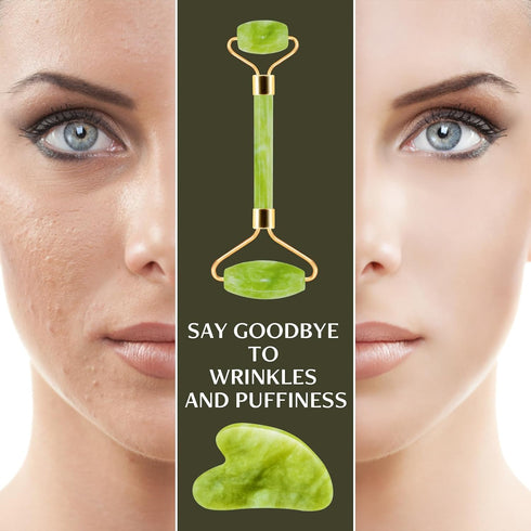 Jade Roller & Gua Sha Facial Tools, Natural Anti-Aging Jade Beauty Skin-Care Tool Face Roller to Rejuvenate Facial Skin Cooling, Slimming & Firmin...