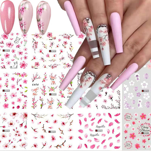 12 Pcs Spring Nail Stickers Pink Cherry Flowers Nail Water Decals Floral Nail Art Stickers Decals Holiday Transfer Foil Nail Stickers Self-Adhesiv...