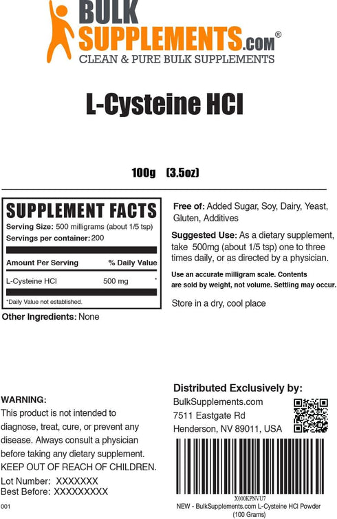 BulkSupplements.com L-Cysteine HCl Powder - Amino Acids Supplement, Antioxidants Source - 500mg of L-Cysteine HCl Anhydrous per Serving, 200 Servi...