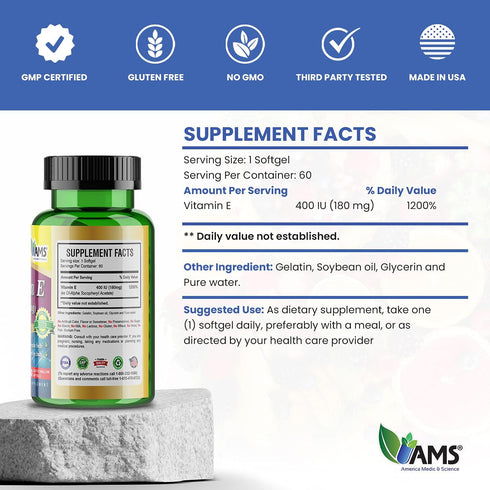 America Medic & Science Vitamin E 400 IU (60 Softgels) Dietary Supplement That Supports Heart Health, Promotes Healthy Skin, Hair, Eyes and Immune...