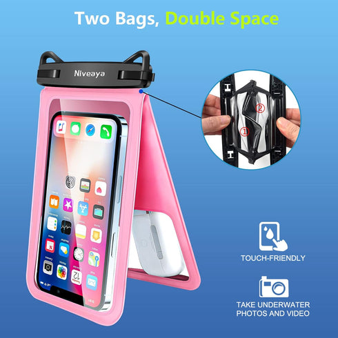Niveaya Double Space Waterproof Phone Pouch - 2 Pack, Waterproof Phone Lanyard Case with iPhone 15/14/13/12 Pro Max up to 7", Phone Dry Bags for V...