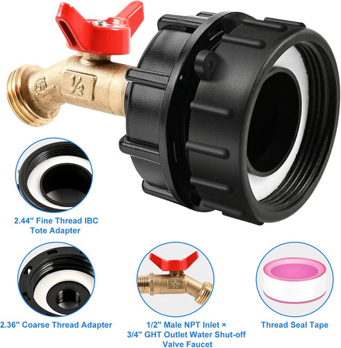 IBC Tote Adapter Fittings, 275-330 Gallon IBC Tote Water Tank Adapter, 2.44" Fine Thread IBC Tote Valve Faucet, Brass Garden Hose Connector, IBC T...