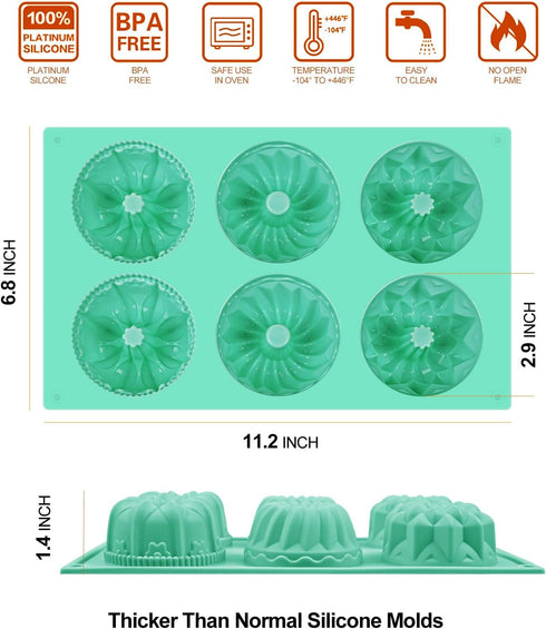 2 Pcs Mini Bundt Cake Pan, 6-Cavity Fluted Tube Cake Pan, Non-stick Silicone Baking Mold for Cupcakes, Donuts, Cornbread, Brownies, Jellies...