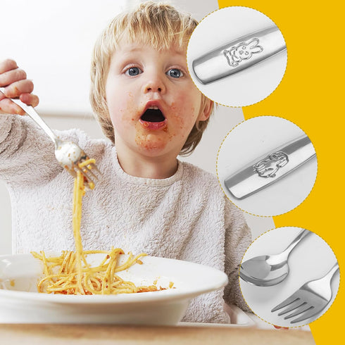 HANSGO 12PCS Children Safe Forks and Spoons, Silverware for Kids Cutlery Set Toddler Utensils Stainless Steel Tableware with Bunny and Puppy Motif...