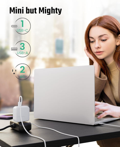 2Ft Extension Cord, SUPERDANNY Mini Surge Protector with 2 Wide-Spaced Outlets, USB Power Strip, 3 USB-A 1 USB-C, Flat Plug, Compact Size Desktop ...