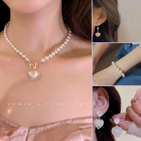 Pearl Heart Necklace and Earring set - 4PCS Pearl Jewelry Set for Women Gold Plated Pearl Choker Necklace Pearl Bracelet Pearl Earrings Set Trendy...