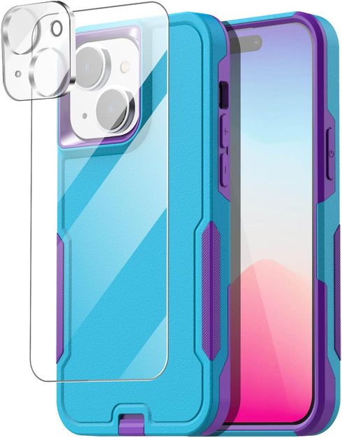 AICase for iPhone 15 Plus Case with Glass Screen Protector+Camera Lens,Heavy Duty Drop Protection Full Body Rugged Shockproof Military Protective ...