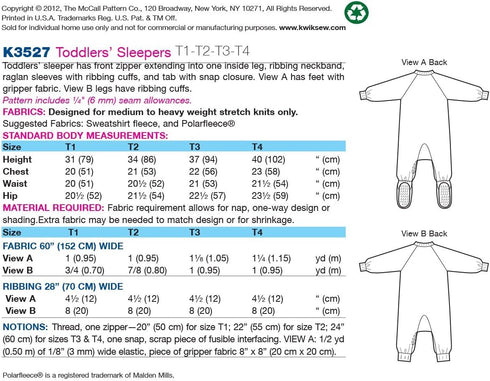 Kwik Sew K3527 Sleepers Sewing Pattern, Size T1-T2-T3-T4...