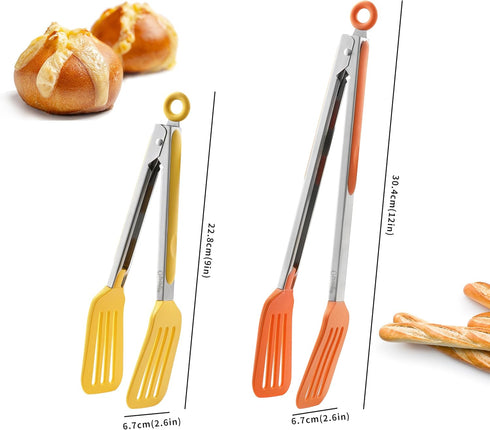 2PCS Kitchen Tongs, OHOLA Heat Resistant Silicone Tongs for Cooking, Extra Wide Silicone Tips, Pull Lock, 9 and 12 inch (Orange + Yellow)...