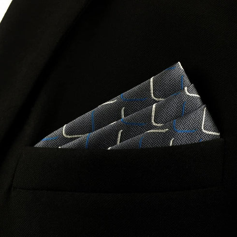 SHLAX&WING Geometric Mens Silk Pocket Square Dark Gray Blue for Suit Jacket Gift...