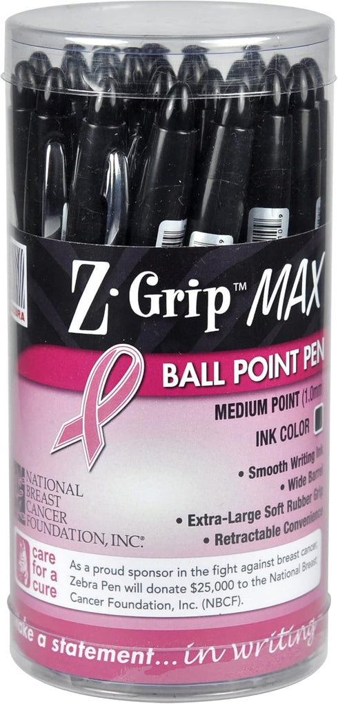 Zebra Pen Z-Grip MAX BOLD Retractable Ballpoint Pen, 1.2mm, Black with Pink Ribbon, 24-Pack (32577)...