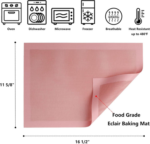 Perforated Baking Mats, 2 PCS Pink Eclair Silicone Mat for Half Sheet, Non-Stick Reusable Oven Liners for Making Bread/Pizza/Pastry/Cookie 11 5/8"...