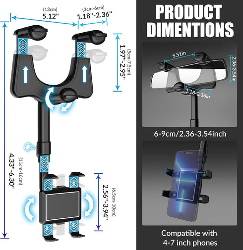 SXhyf Rear View Mirror Phone Holder, 2023 Rotatable and Retractable, Universal Mount, Cell Car Fit for iPhone 11 12 13 14 Pro Max Samsung All Phon...