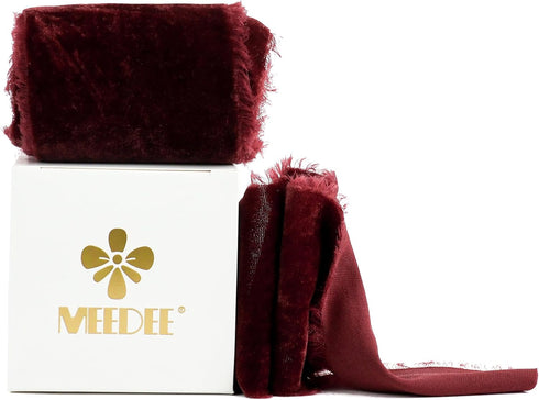 MEEDEE Burgundy Velvet Ribbon 3 Inch Burgundy Red Velvet Ribbon Fringe Velvet Ribbon Raw Edge Silk Velvet Ribbon for Wreaths, Flower Bouquet, Phot...