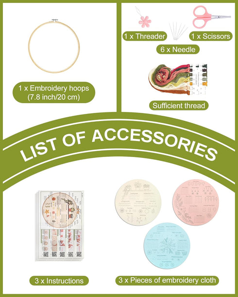 Santune 3 Sets Embroidery kit for Beginners Adults,Learn Over 30 Different Stitches DIY Kits,Including Clear Instructions,Video Tutorials,Stamped ...