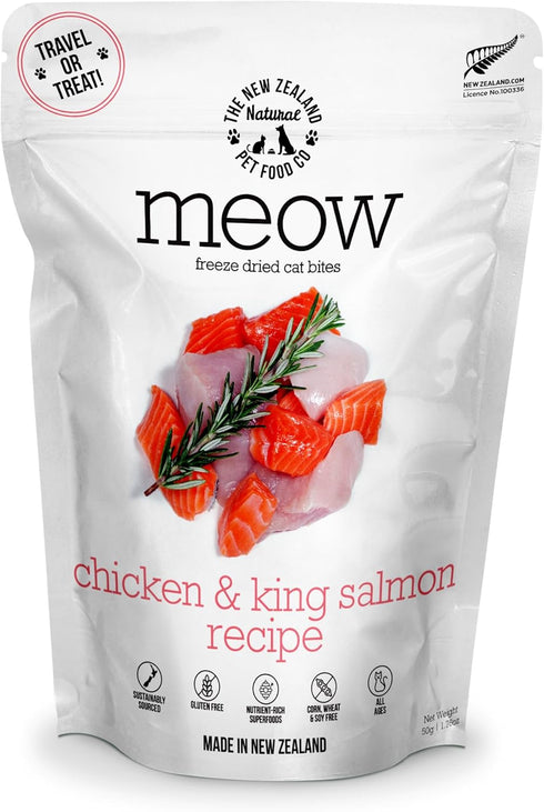 Meow Chicken & King Salmon Freeze Dried Raw Cat Food, Mixer, or Topper, or Treat - High Protein, Natural, Limited Ingredient Recipe 1.76 oz...