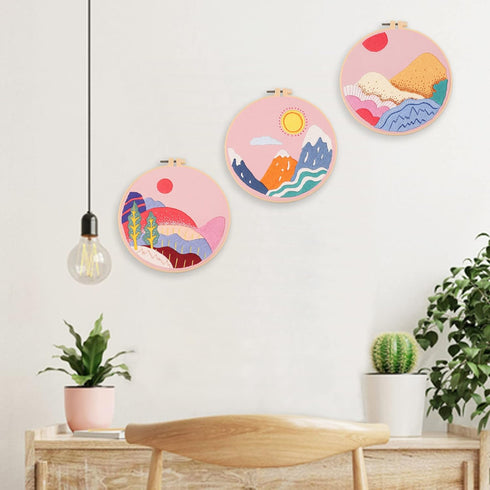 embroidery kit, pink embroidery cloth, pattern of mountains, embroidery starter kit, also includes hoop, needle, thread and instructions (pink)......