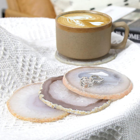 Natural Agate Coaster Set of 4, 3.5-4" Crystalline Geode Stone Coasters for Drinks Coffee Table Decor Agate Slices Glass Cups Holder for Home Gues...