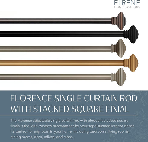 Elrene Home Fashions Florence Single Curtain Rod with Stacked Square Finials, 1" Diameter, (Soft Gold), (28X48)...