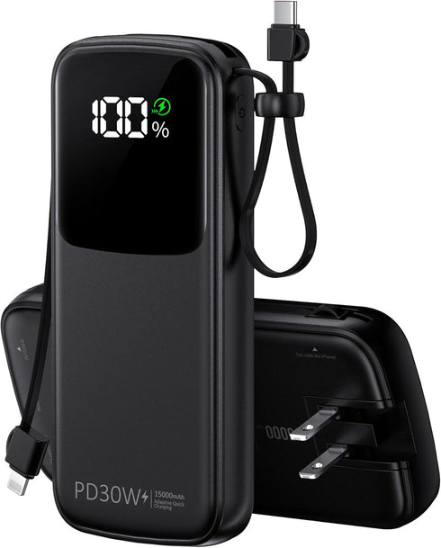 UYAYOHU Portable Charger, Power Bank, 15000mAh Battery Pack Fast Charging Lightweight, Built-in AC Wall Plug and 2 Output Cables with LED Display ...