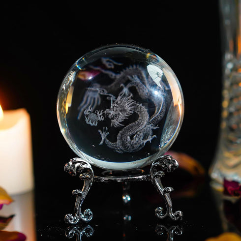 HDCRYSTALGIFTS Crystal 2.4 inch (60mm) Chinese Dragon Crystal Ball with Sliver-Plated Flowering Stand,Fengshui Glass Loong Ball Home Decoration...