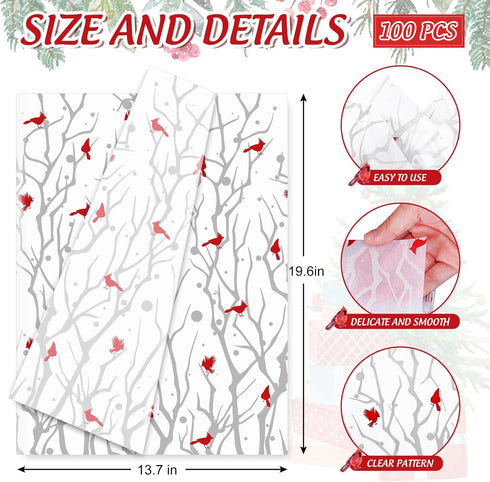 Whaline 100 Sheet Christmas Tissue Paper Set Cardinal Print Gift Wrapping Paper DIY Art Craft Tissue for Xmas Packaging Wedding Birthday Bouquet, ...