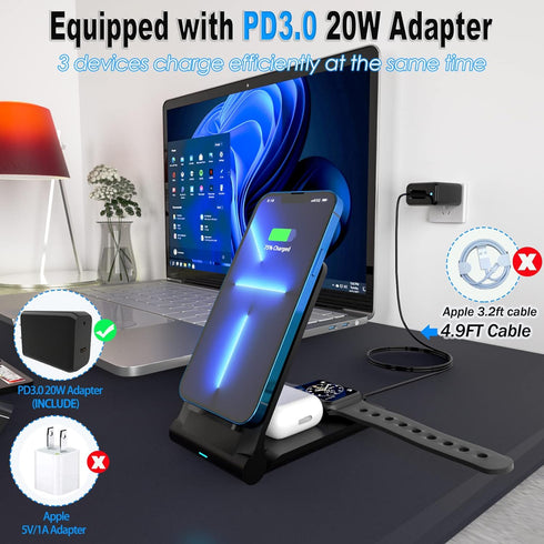 Kabcon Wireless Charger 3 in 1, 15W Foldable Fast Charging Station Compatible for Apple iWatch, AirPods,iPhone 13/13 Pro/12/12 Pro/11/11 Pro Max/X...