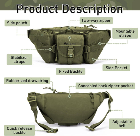 Tactical Fanny Pack, Military Outdoor Waist Bag Belt Packs Hip Bumbag Utility Bags with Adjustable Strap for Cycling Hiking Hunting (Green)...