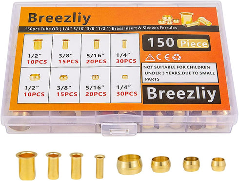 150PCS Tube OD?1/4" 5/16" 3/8" 1/2") Brass Compression Sleeves Ferrules & Insert,4 Sizes Brass Compression Fitting Assortment Kit...
