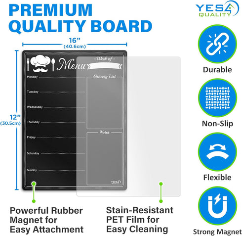 Magnetic Dry Erase Black Menu Board for Fridge (16 x 12"), Weekly Meal Planner Blackboard w/ 4 Neon Chalk Markers & Cloth Eraser, Chalkboard Organ...