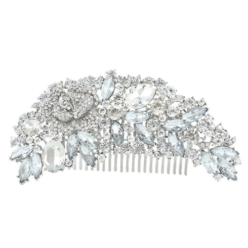 EVER FAITH Bridal Hair Accessories Crystal 5 Inch Bridal Rose Flower Bouquet Hair Side Comb Clear Silver-Tone For Women...