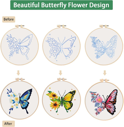 tyrixma 3 Sets Embroidery Starter Kit with Butterfly Flower Pattern for Beginners, Cross Stitch Kits for Adults with 3 Embroidery Hoops, Color Thr...