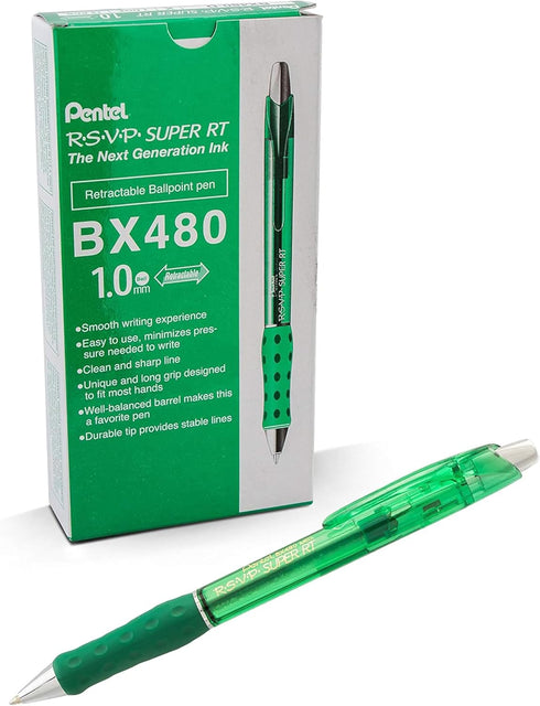 Pentel RSVP Super RT Ballpoint Pen, (1.0mm) Medium Line, Green Ink, Box of 12, (BX480-D)...