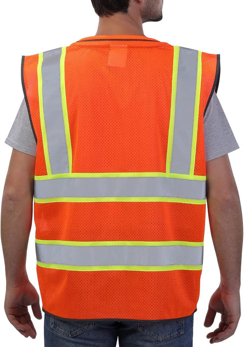 Reflective Safety Vest Orange Mesh, High Visibility Vest with Pockets and Zipper, Padded Neck, Construction Work Vest ANSI Class 2, Orange with Ye...