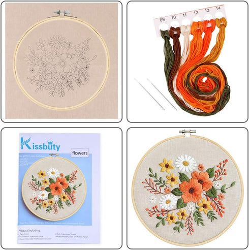 KISSBUTY Embroidery Kit with Pattern, Bamboo Hoop, Color Threads, Floral Pattern (Flowers), for Kid......