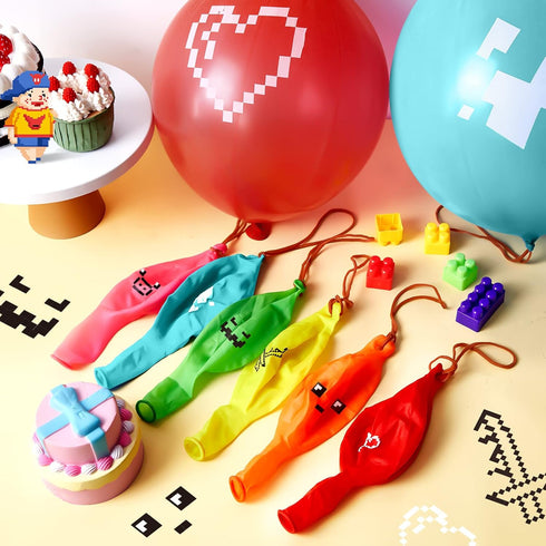 30 Pcs Pixelated Punch Balloons Colorful Latex Punch Ball Miner Video Game Party Favors Bounce Balloons with Rubber Band Handle for Birthday Party...